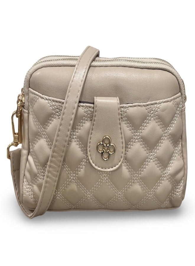 GLOSSY Quilted PU Sling Bag For Women, 2 Zip Compartments with Detachable Straps (Beige) - Image 2